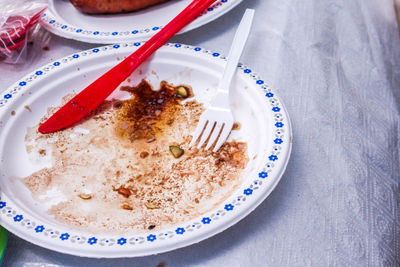 High angle view of dessert in plate on table