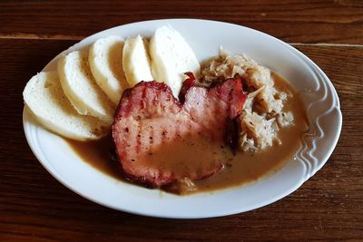 High angle view of breakfast served on table