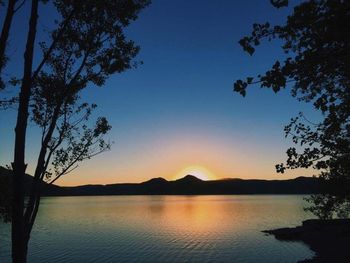 Scenic view of lake against sky at sunset