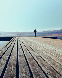 Rear view of man standing on pier against sky