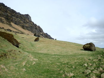 Scenic view of rocks on field against sky