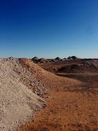 Scenic view of desert against clear blue sky