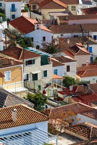 High angle view of residential buildings in city