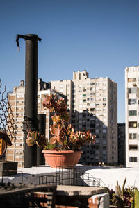 Buildings in city against clear sky