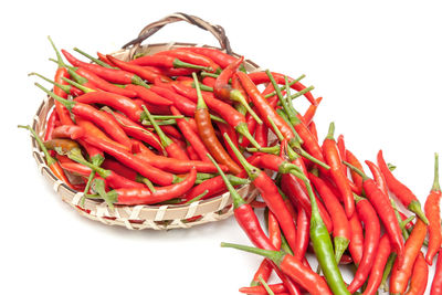 Close-up of red chili peppers against white background