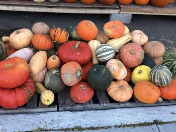 High angle view of pumpkins for sale at market stall