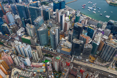 High angle view of modern buildings in city