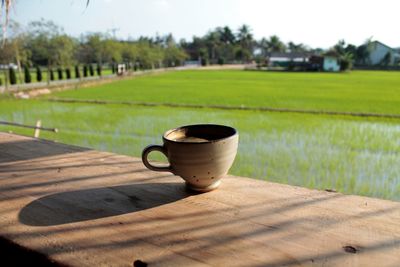 Coffee cup on table in field