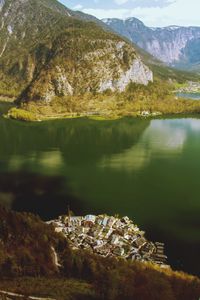 Scenic view of lake by mountains against sky