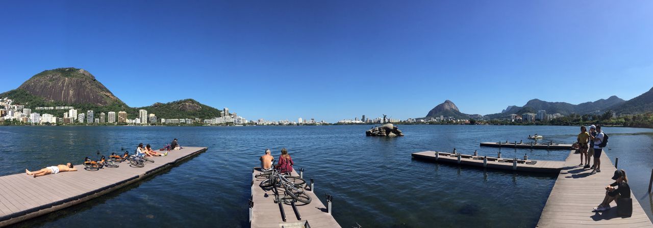 PANORAMIC VIEW OF PEOPLE ON SEA AGAINST CLEAR SKY