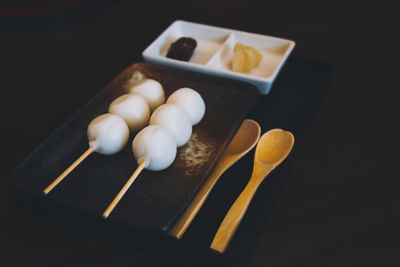 High angle view of dessert in plate on table