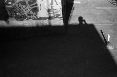 High angle view of silhouette person walking on window