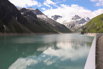 Scenic view of lake and mountains against sky