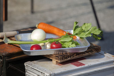 High angle view of vegetables in tray