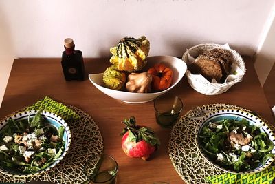 High angle view of food in plate on table