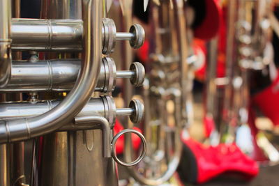 Close-up of trumpet marching band equipment