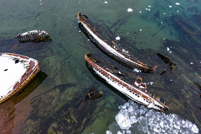 High angle view of boats moored on sea