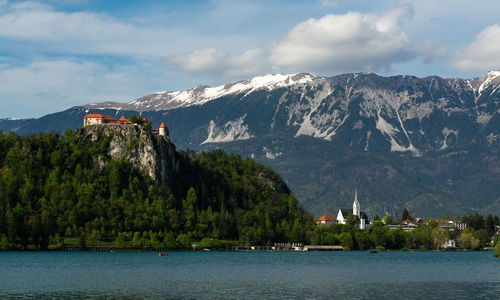 Bled lake and castle. the julian alps on the background