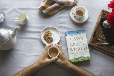 High angle view of breakfast on table