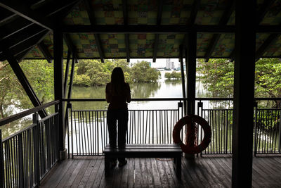 Rear view of woman standing by railing