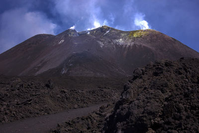 Scenic view of volcanic mountain against sky