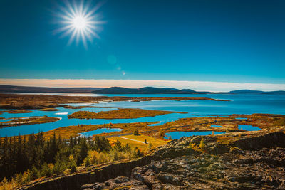 Scenic view of sea against blue sky
