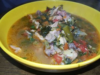 High angle view of soup in bowl on table