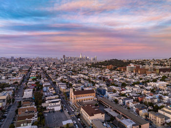 High angle view of townscape against sky during sunset