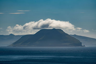 Scenic view of sea and mountains against blue sky