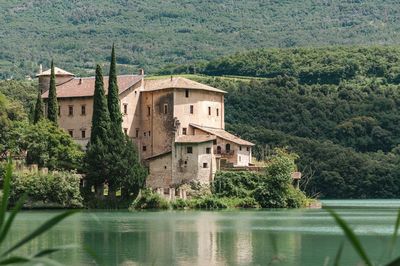 Buildings by lake against trees