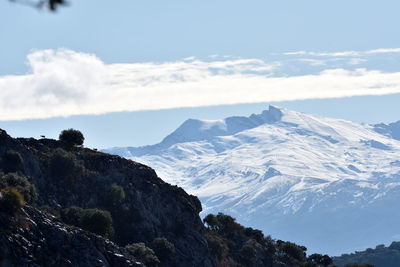 Scenic view of snowcapped mountains against sky