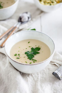 High angle view of soup in bowl on table