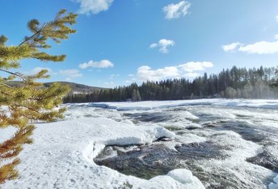 Scenic view of snow covered land against sky