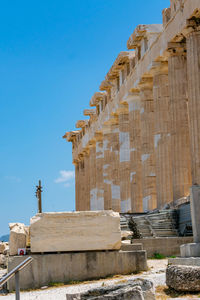 Low angle view of historical building against clear blue sky