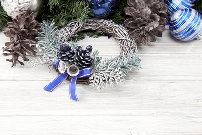 Close-up of christmas ornaments on table