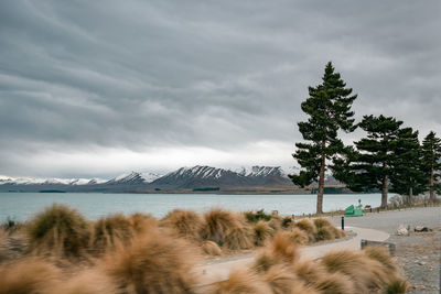 Beautiful view of lake tekapo in the morning. photo taken at winter season with snow capped alps.