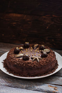 High angle view of cake in plate on table