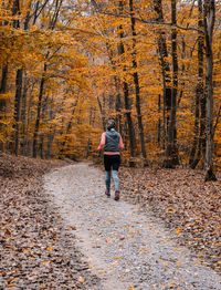 Rear view of woman walking on autumn leaves in forest