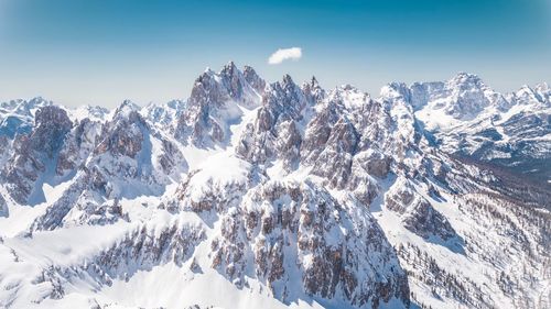 Panoramic view of snow covered mountains against sky