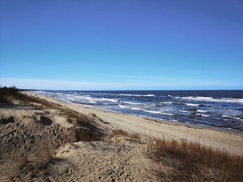 Scenic view of beach against clear blue sky