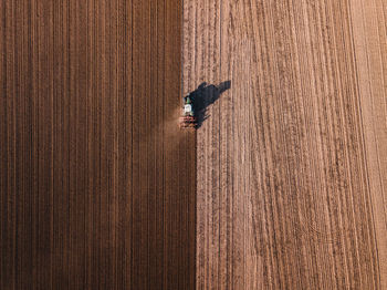 High angle view of tractor on agricultural field