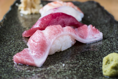 Close-up of chopped slices on table