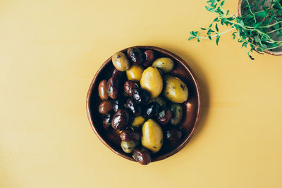 High angle view of fruits in bowl on table