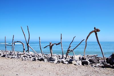 Scenic view of sea against clear blue sky