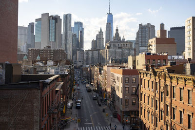 Buildings with modern skyscraper in lower east side manhattan