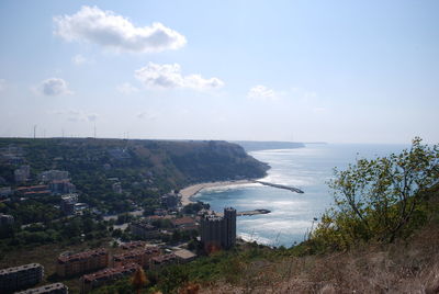 High angle view of sea against cloudy sky