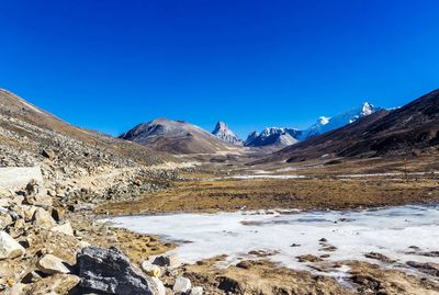 Scenic view of mountains against clear blue sky