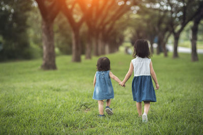 Rear view of women walking on grassy field