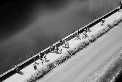 High angle view of people walking on street during winter