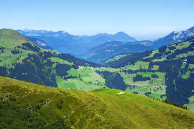 Scenic view of mountains against clear blue sky